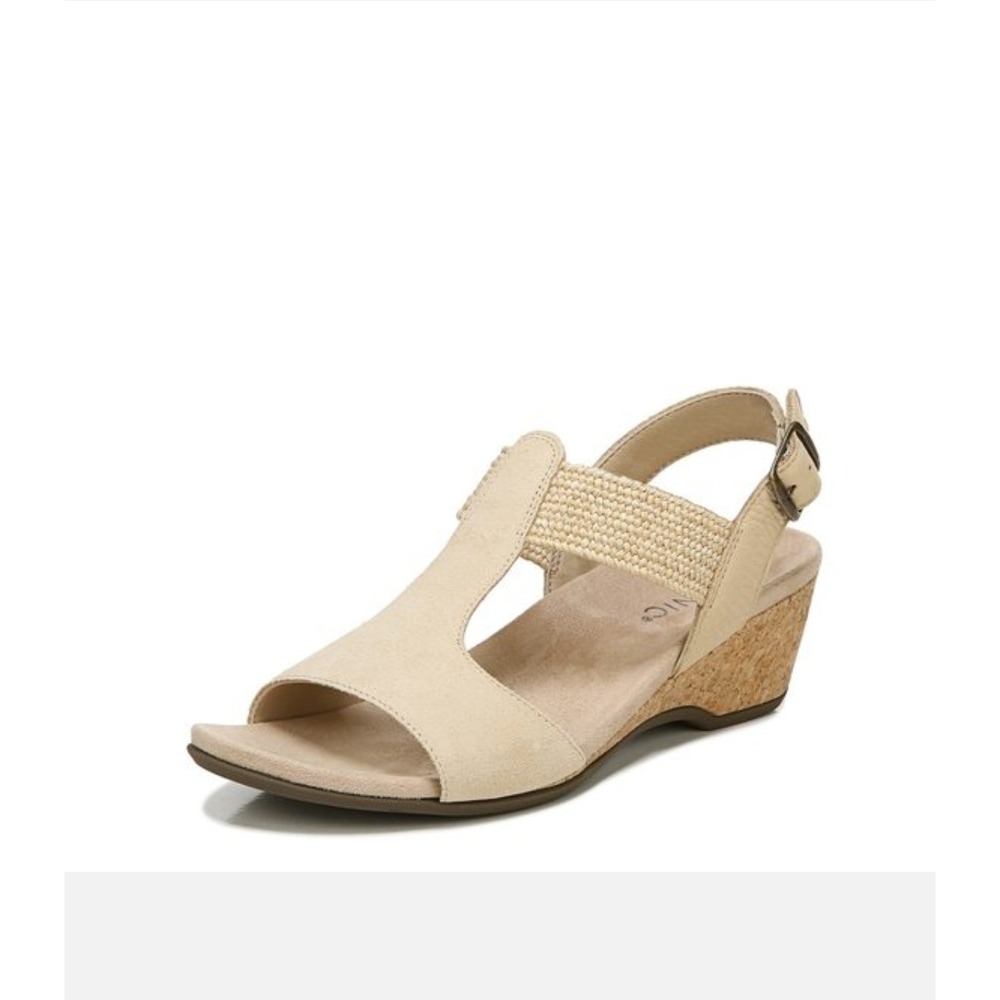 Vionic Kaytie Wedge Sandals Cream Leather Raffia Cork Slingback 8.5